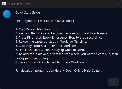 Quick Start Guide dialog