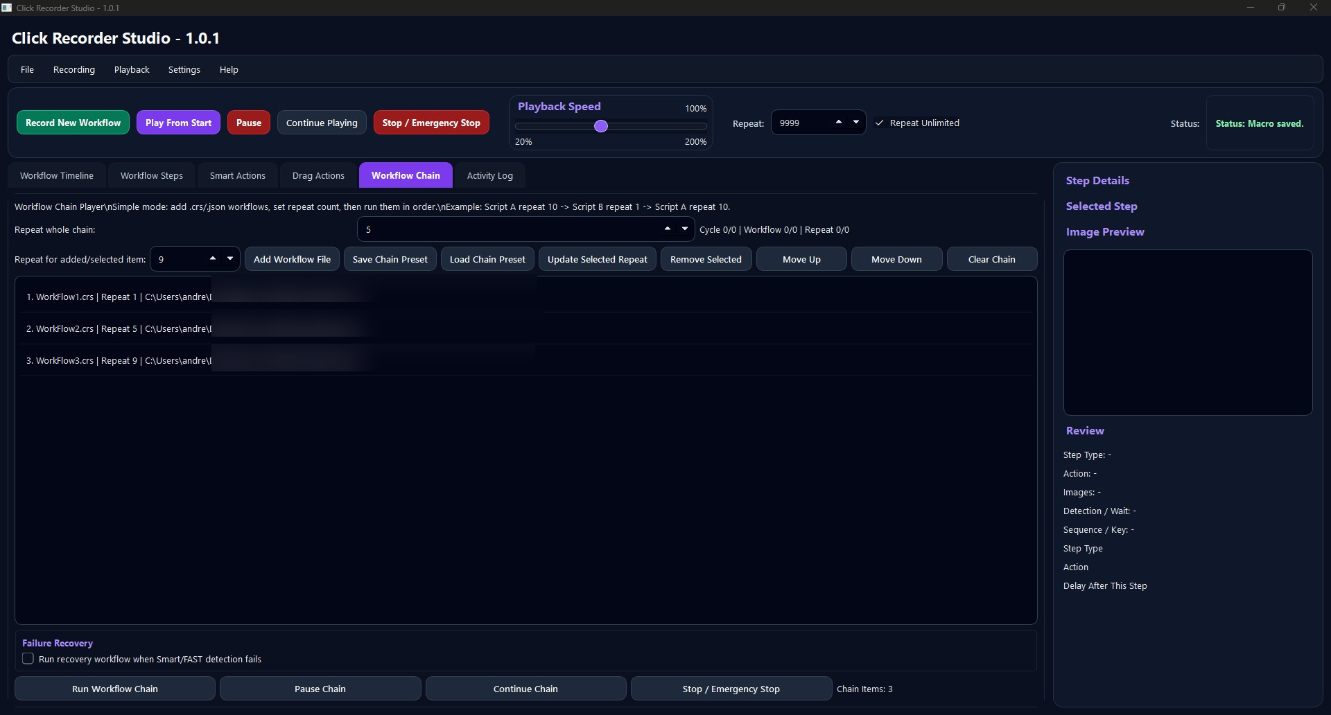 Workflow Chain tab with local file paths blurred